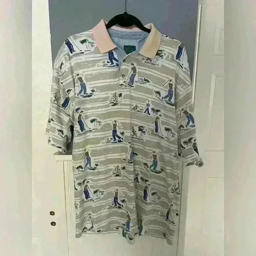 BUGLE BOY Vintage Golf Polo Golf Clubs/Swing Chambray Collar Detail Men's XL